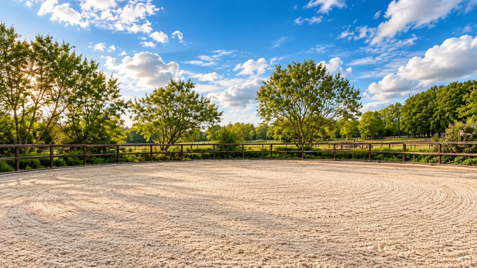 Longierzirkel mit hellem Fairground-Boden und Holzumzäunung unter blauem Himmel