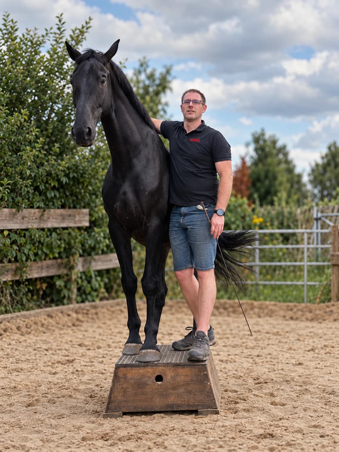 André steht auf dem Reitplatz neben einem schwarzen Pferd, das auf einem Holzpodest steht